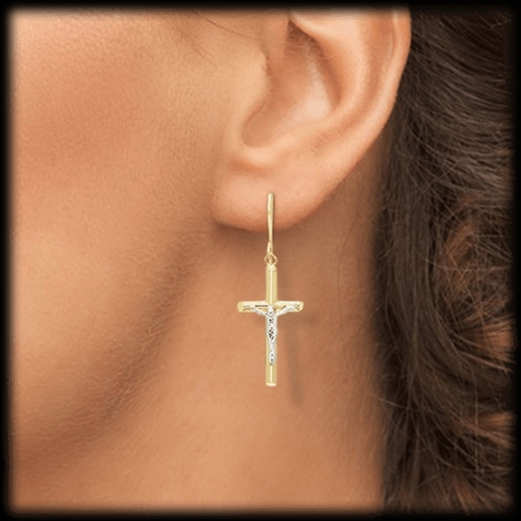 14k Gold Cross Drop Earrings - Picture 2 of 2
